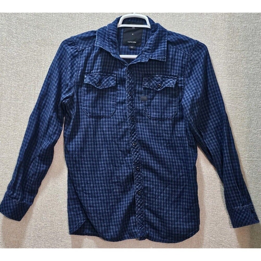 G-Star Raw Men's‎ Landoh Shirt L/S Blue Plaid Gingham Check Button Up Size M